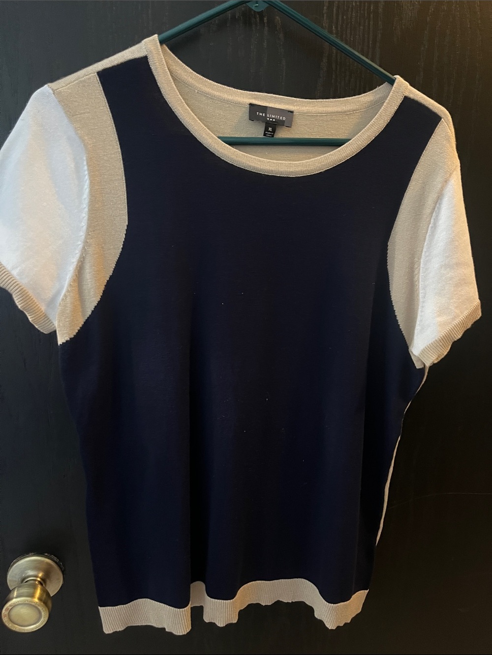 The Limited Navy and Cream Short-Sleeve Knit Top